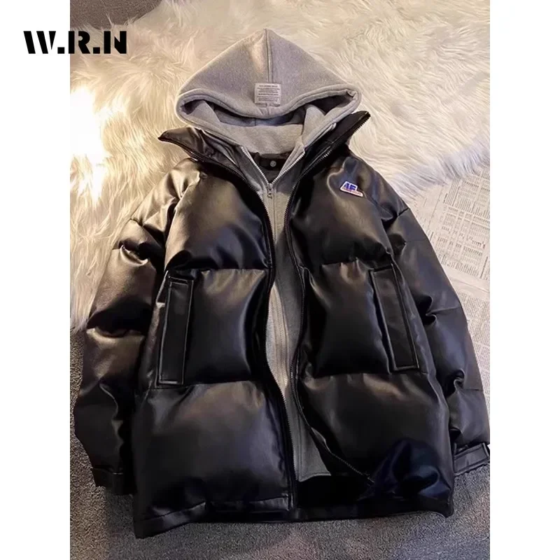 2024 Winter American Retro Style Patchwork Zipper Parkas Warm Thick Appliques Jacket Women Hooded Casual Outerwear Vintage Coat