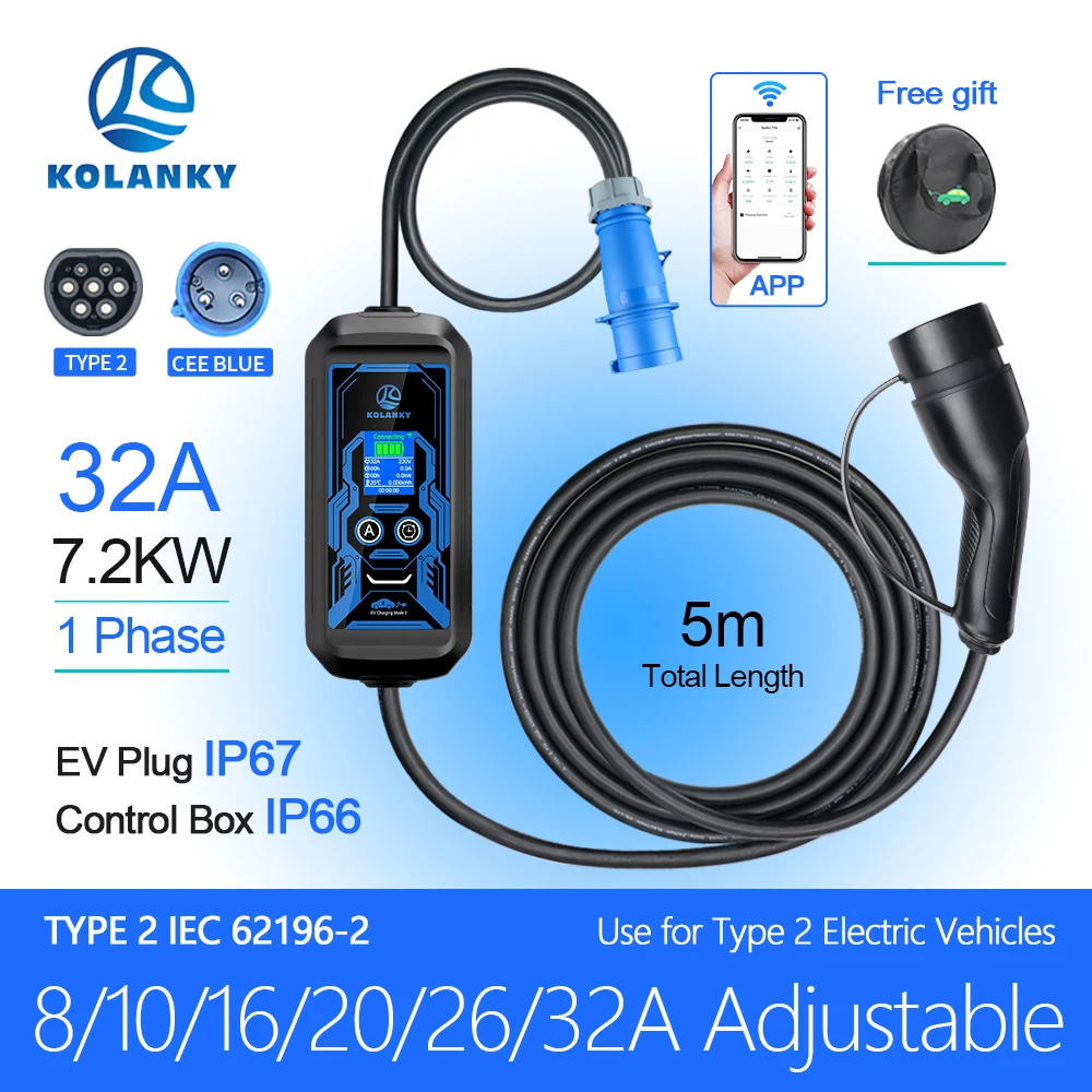 8/10/16/20/26/32A 7.2KW Type 2 Portable EV Charger Wallbox Tuya App Timer Set Charging Time  For Electric Vehicle Hybrid Cars