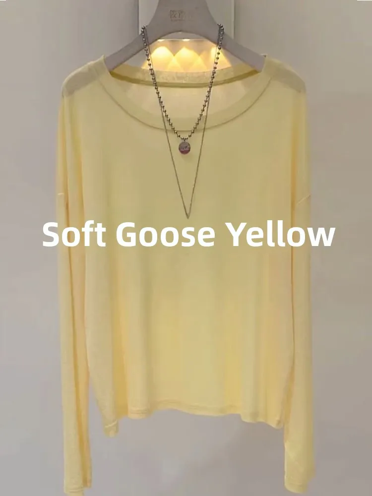 Summer New Style Women's round Neck Ice Silk Loose Fit Sun Protection Shirt Cover up Fashionable Base Top Candy Yellow