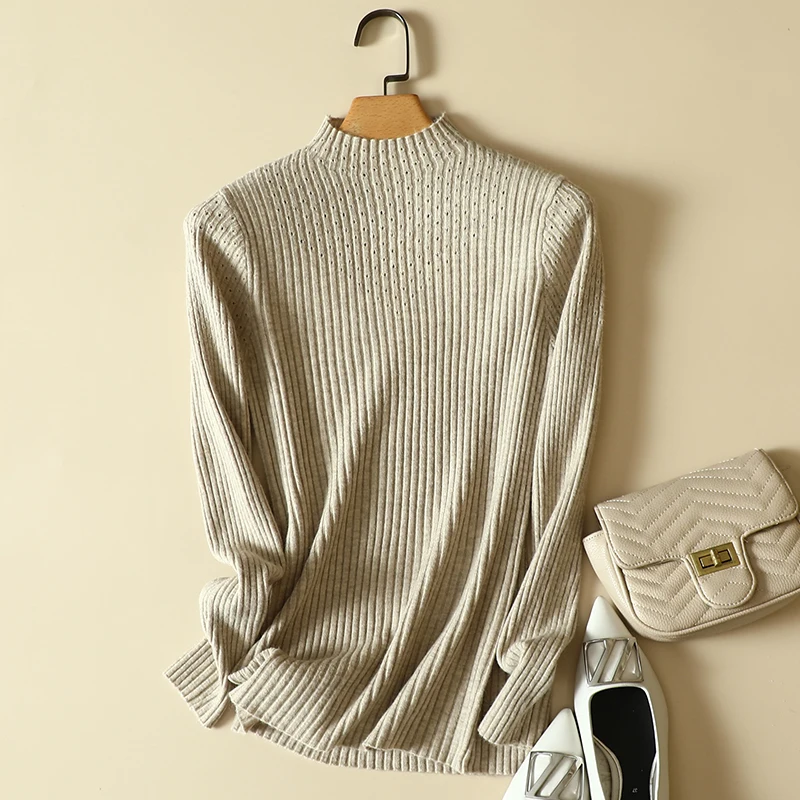 Women's Elastic Knitted Hollow Out Sweater, Long-Sleeved Pullovers, Female Tops, Monochromatic, Autumn, Winter, New, 2021