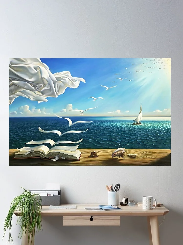 The Waves Book Sailboat for Salvador Dali Photo, Art Print Silk Poster Home Wall Decor