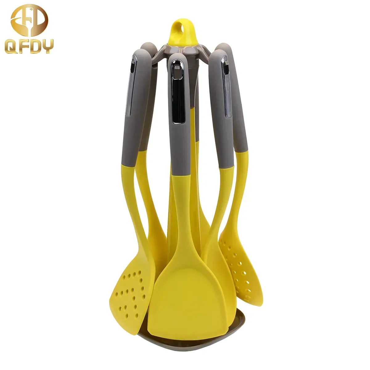 Yellow food grade silicone tight tooth spatula 7-piece set of non-slip handle non-stick cooker special two-color kitchenware