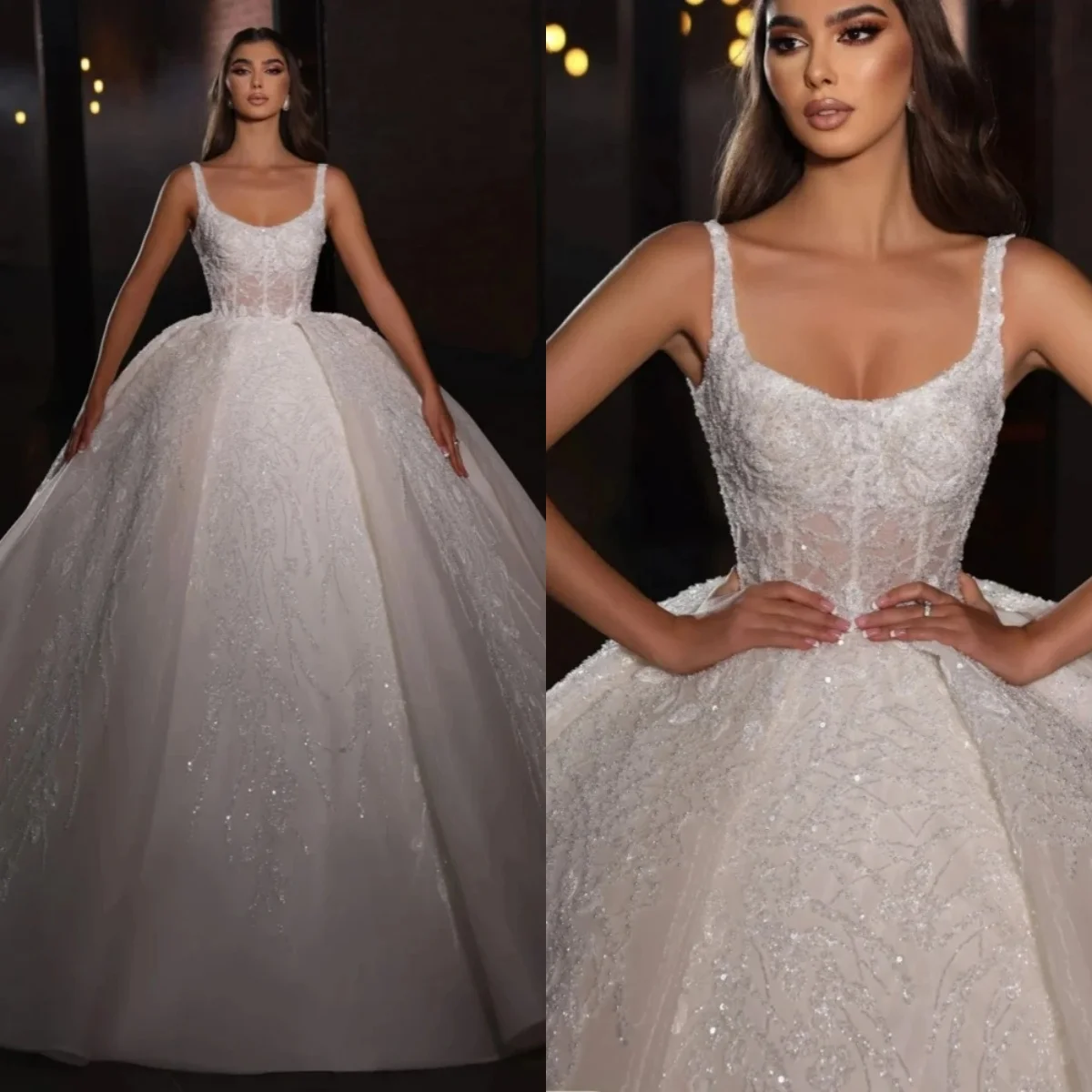 

Classic Ball Gown Wedding Dress Jewel Neck Sleeveless Bridal Gowns Sequins Appliques Sweep Train Dresses Custom Made vestidos