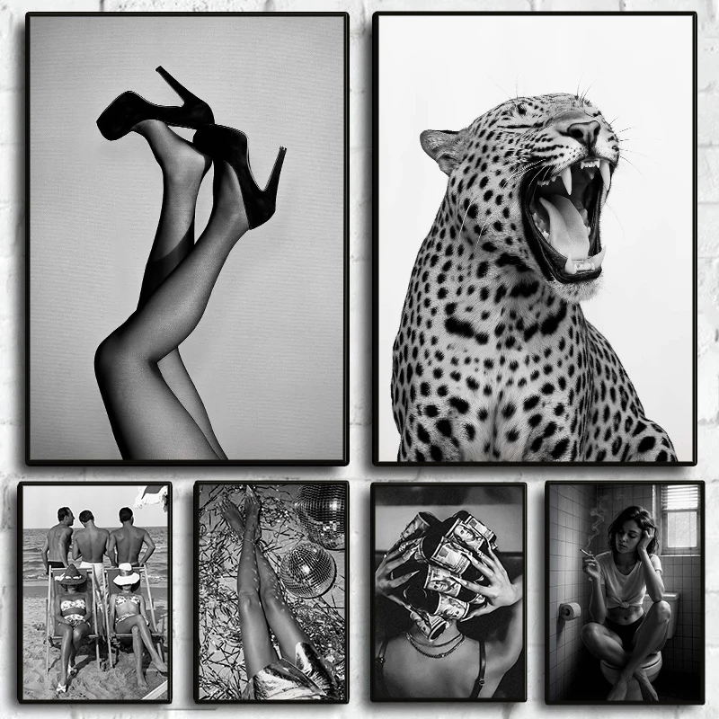 Stylish Fashion Black and White Poster Sexy Female Leopard Vintage Canvas Painting Luxury Wall Art Living Room Home Decor Mural