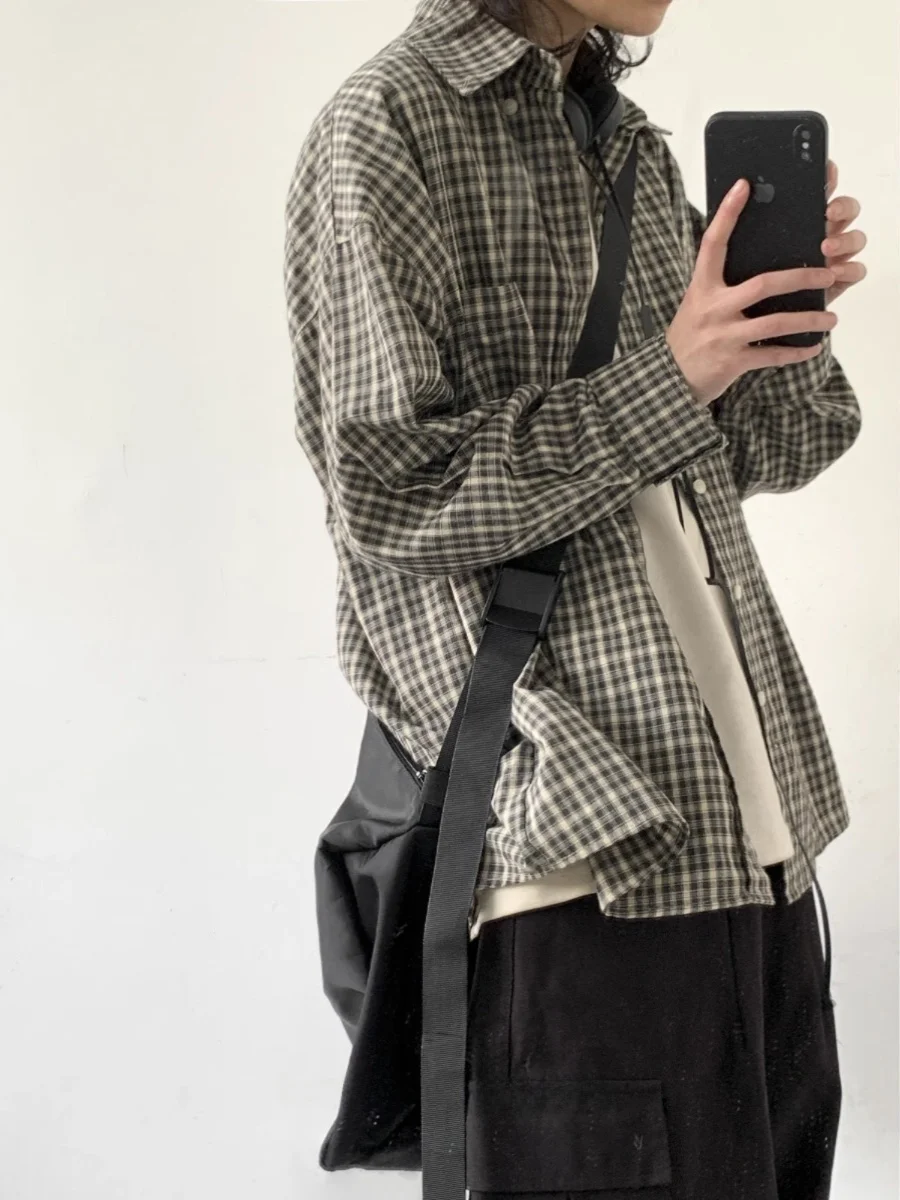 

New Retro Japanese Style Long Sleeve Shirt Loose Basic Color Plaid Pattern Unisex Casual Shirt Spring Youth Fashion