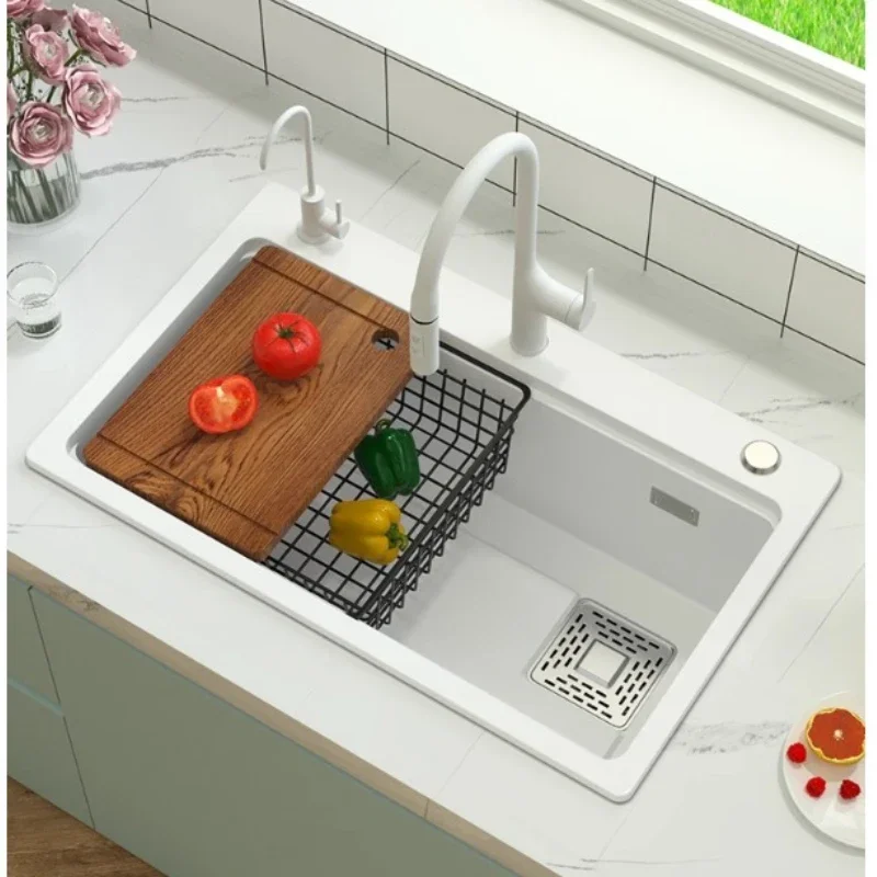 White quartz stone sink, large single sink, vegetable basin.
