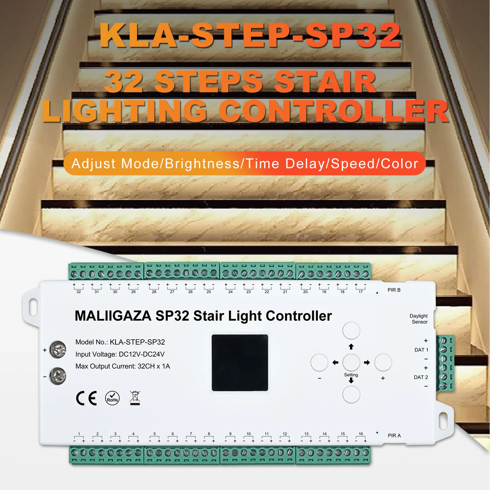 LED Light Controller 1-32 Steps Stair Controller With Daylight Sensor Motion Sensor SPI LED Strip Dimmer Stair Light Controller