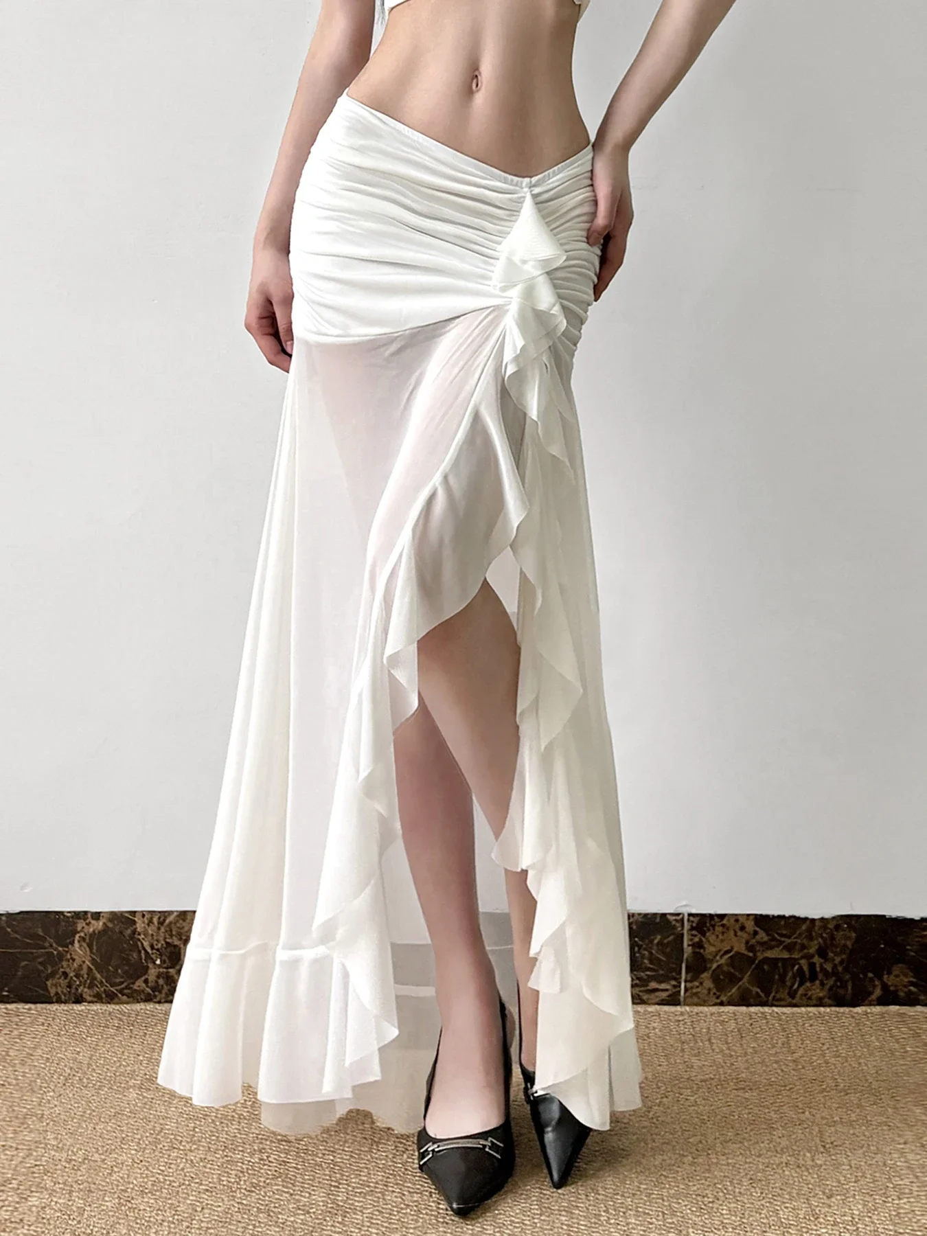 Rockmore Vacation Mesh See Through Long Skirts Sexy Summer Ruffle Split Pleated Wrap Skirt Elegant Fashion Women's Clothing 2025