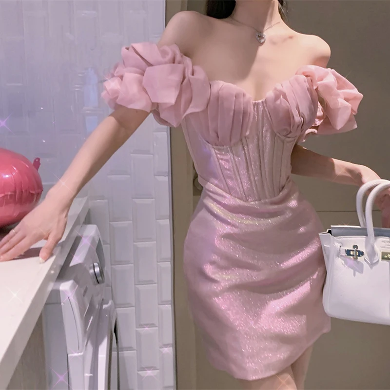 

Elegant Slim Splicing Fishbone Dresses Spring Women Pink Petal Sleeves Dress Summer High Waist Zipper Chest Hugging Mini Dress