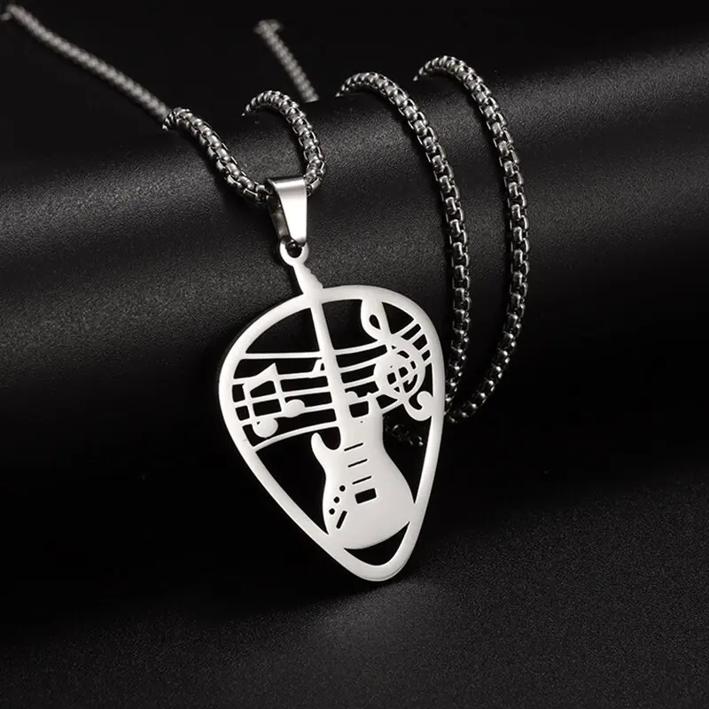 Stainless Steel Hip Hop Guitar Pick Bass Note Pendant Electric Guitar Necklace for Men and Women Music Rock Lovers Punk Jewelry