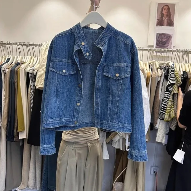 

Jackets Denim Coat Women Vintage Coats Outerwear Washed Distressed Single Breasted Stand Collar Pockets 2025 Autumn Office Lady
