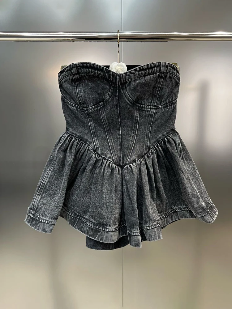 DEAT Trendy Sexy Sleeveless Strapless Women's Camouflage Slim Waist Pleated Denim Suspend Top Female 2024 Summer New 11XX4014