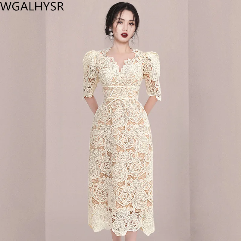 

Hot Sales Korean Women's Summer Dresses Temperament V-Neck Slender Hollow Water Melt Flower Fashion Lace Dresses