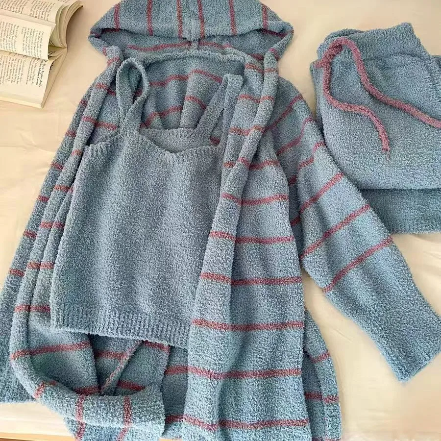 الأزرق نصف الصوف شريط مجموعة سترة سميكة سترة سترة + بنطلون 3 قطعة مجموعة 2026 الخريف/الشتاء المرأة ملابس المنزل منامة