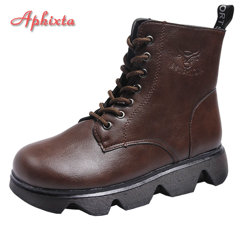 Aphixta 2022 Winter Platform Thick Sole Boots Women Brown Letter Ribbon Design Non-slip Lace-up Waterproof Shoes