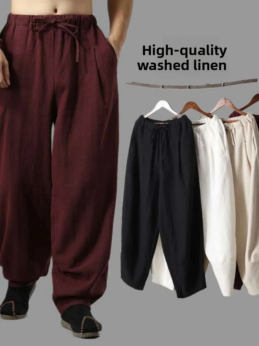 

Свободные широкие брюки-фонарики из хлопка и льна для мужчин, весна-осень, повседневные, длинные, с высокой талией