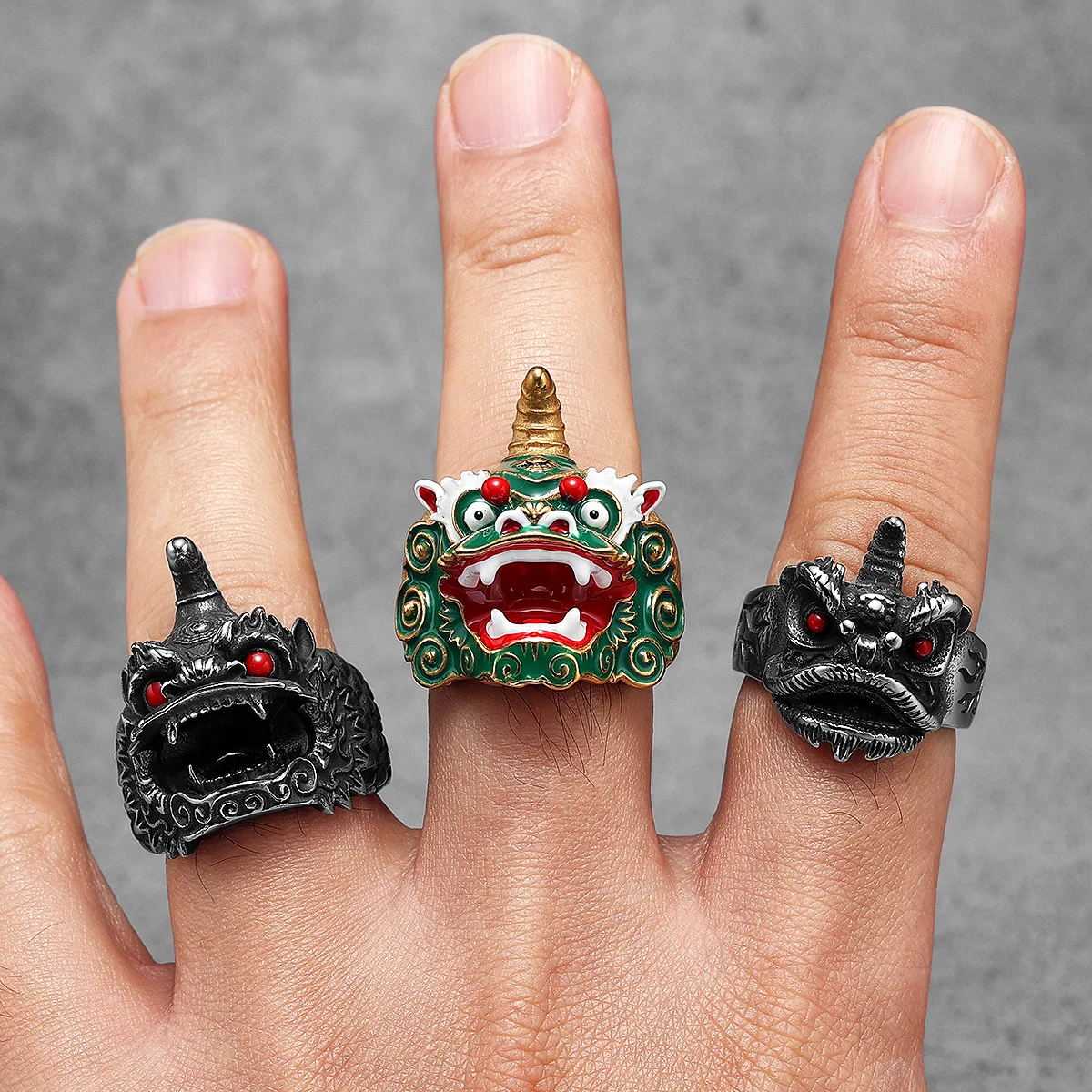 Chinese Lion Dance Unique Men Rings Stainless Steel Retro Punk Stylish Women Jewelry Fashion Accessories Gift Wholesale