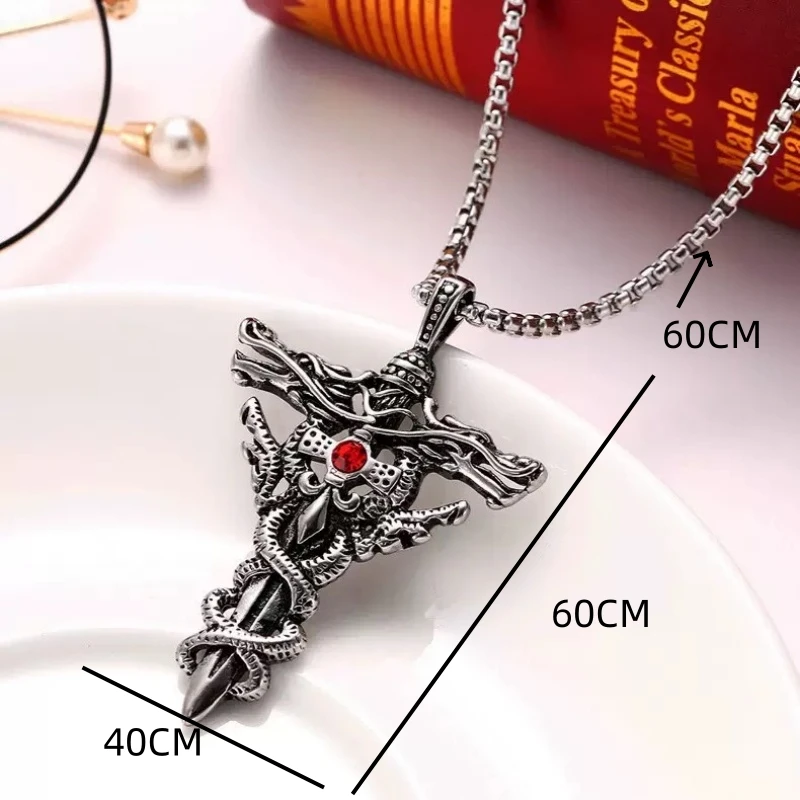Punk Fashion Titanium Steel Necklace for Men Alloy Double Dragon Sword Pendant Choker Ring Vintage Evil Eye Cross Jewelry Gift image 2