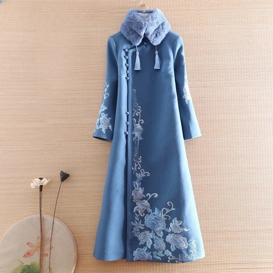 

2023 chinese style improved qipao woolen dress autumn winter new improved women cheongsam dress daily floral hanfu dress