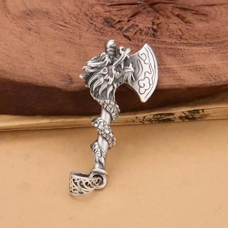 

Vintage Silver Color Dragon Auspicious Clouds Axe Pendant Necklace Men Fashion Nordic Viking Dragon Head Necklace Punk Jewelry