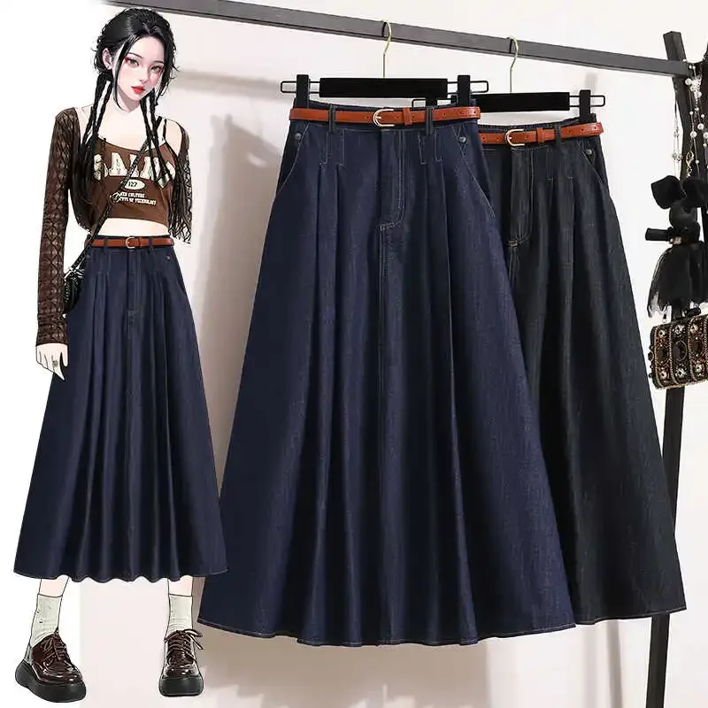 Plus size Women 2025 Autumn New Lyocell Denim Skirt Chubby Girl High Waist Slimming Belly Covering A Word Pleated Umbrella Skirt