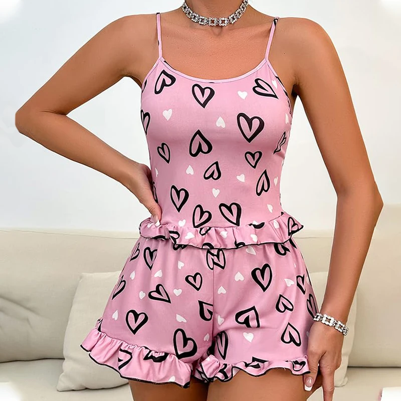 

Womens' Summer Ice Silk Pink Printed Love Pajama Sexy Strap Shorts Home Clothes Set
