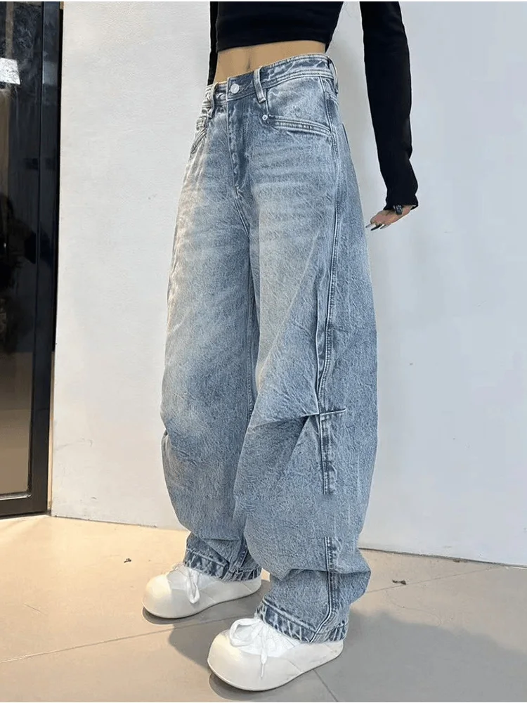 

American High Street Light Blue High Waist Straight Leg Fleece Lined Denim Jeans Women's Autumn Winter Fashion Loose Wide Leg...