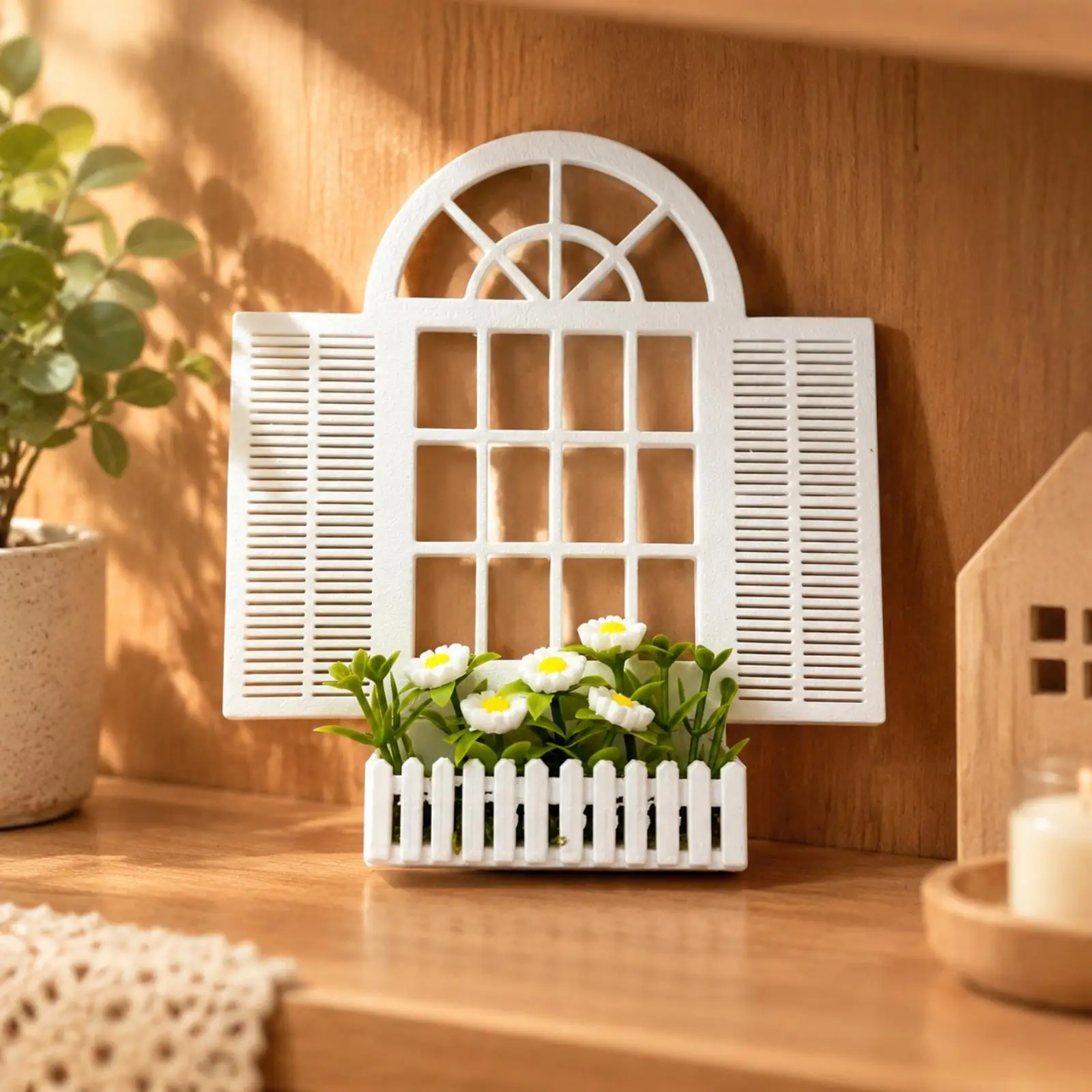 Miniature Arched Window with Planter Box Greenery Miniature Window Planter Decor Dollhouse Plants Detailed for Diorama Builders