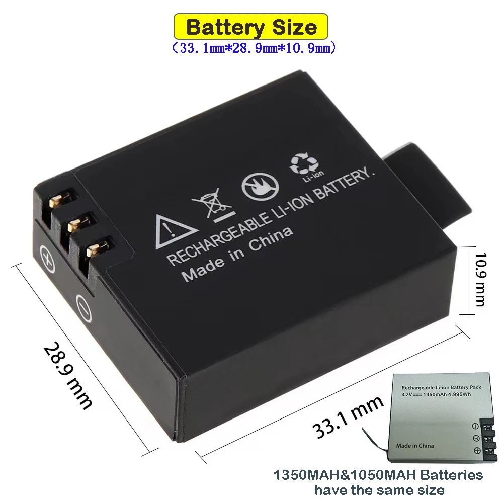 1050/1350 MAH Large Capacity Lithium Battery & Charger For Waterproof Sport Camera  Action Camera Battery Life 1-3 Hours