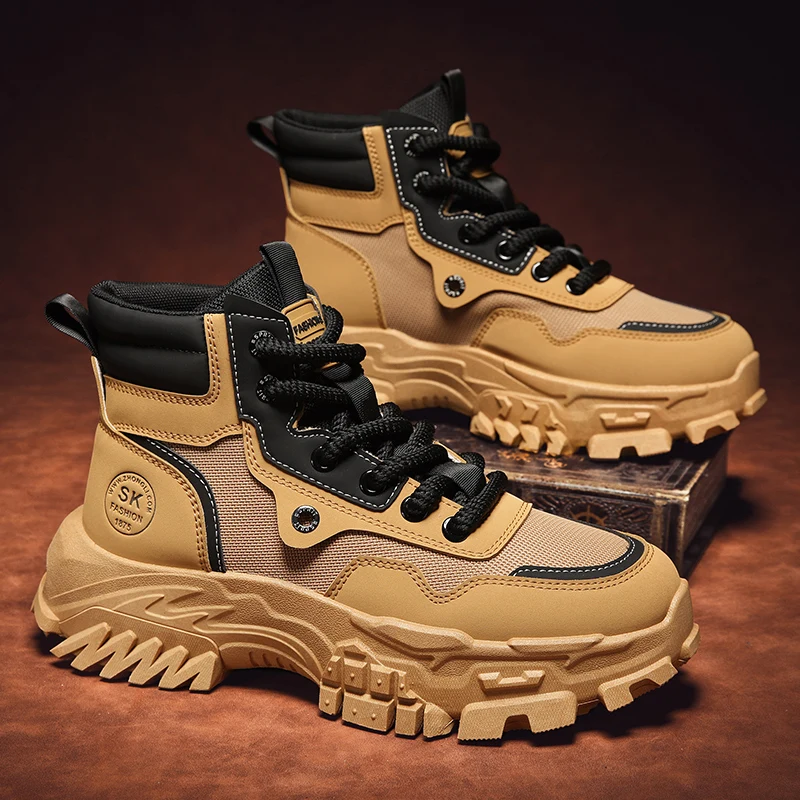 Fashion Male Retro High‑top Work Booties Breathable Stitched Upper Durable Heavy‑duty Thick Rugged Sole