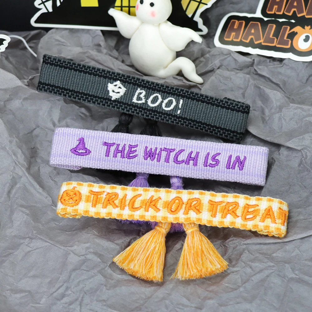 2pcs Halloween Embroidered Bracelet Trick or Treat Witch Bracelet Holiday Gift Tassel Braided Rope Wristband