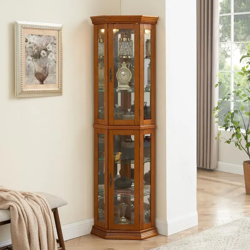 Corner Curio Cabinet with Lights, Adjustable Glass Shelves, Mirrored Back, Display Cabinet in Oak, E26 Bulb Not Included,