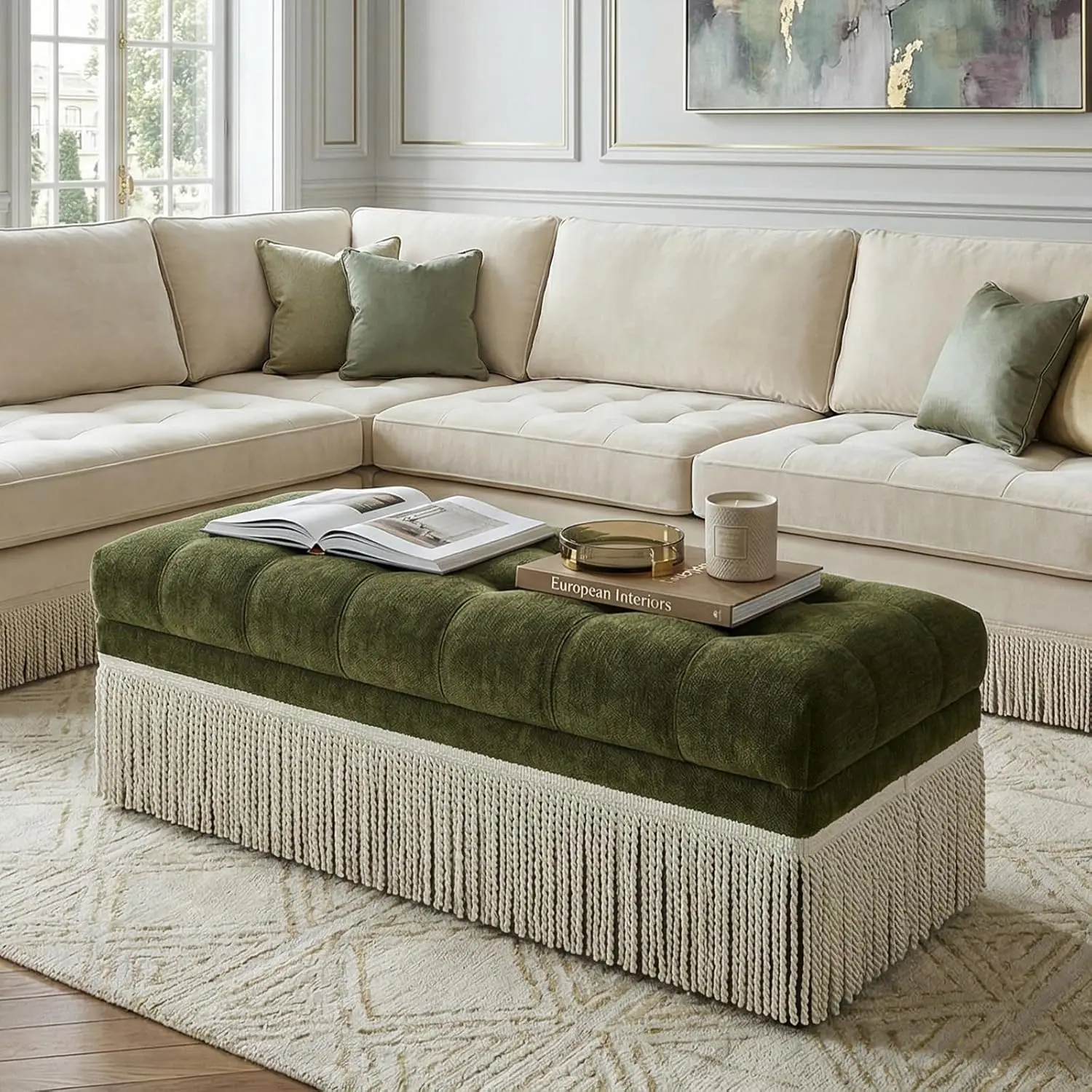 

47" Green Chenille Upholstered Bench for Bedroom End of Bed, Mid-Century Fringe Ottoman, Living Room Sofa Ottoman, Customized