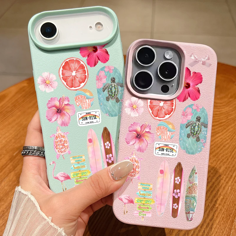 Ozean Blumen Seepferdchen Schildkröte Print Handyhülle für iPhone 17 16 15 14 13 12 Pro Max 17 Pro Air 11 16e Leder Textur TPU Cover