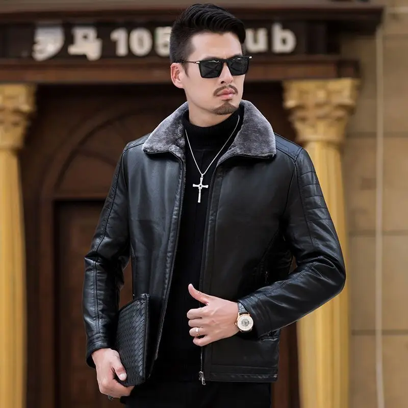 Autumn /winter Middle-aged and Elderly Leather Coat Loose Large Size Fur One Plus Fleece Thickened Men's Father Leather Jacket