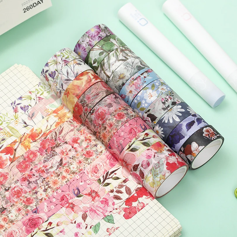 Juego de cintas Washi de flores para álbum de recortes, cinta adhesiva decorativa de 4m, suministros de papelería para diario, 10 rollos