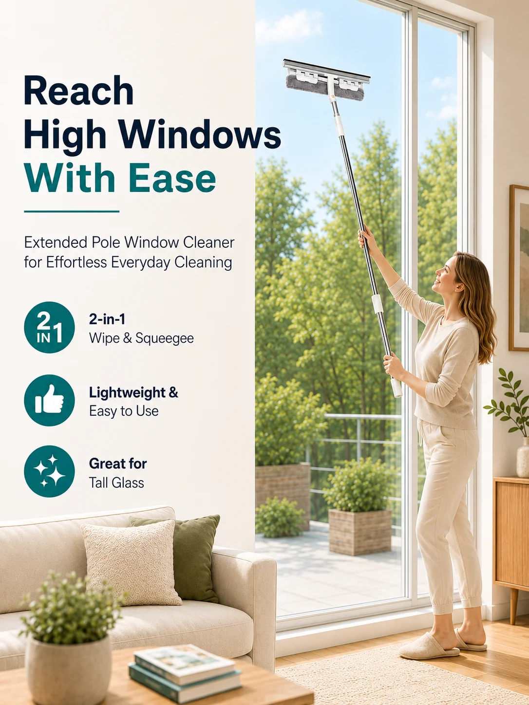 Fensterwischer 2-in-1 mit ausziehbarer Stange für hohe Fenster