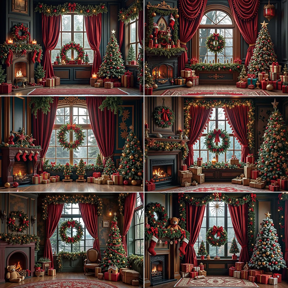 

MOON.QG Christmas Houses Curtains Background Large Big Ball Trees Wreath Window Teddy Bear Backdrop Photography Studio Supplier