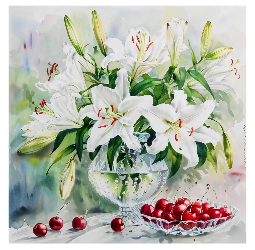 14CT 38X38CM Cherry Lily Needlework,DIY Cross Stitch Set Full Embroidery Kit, Printed Cross-stitch, Home Wall Decor 41 colors