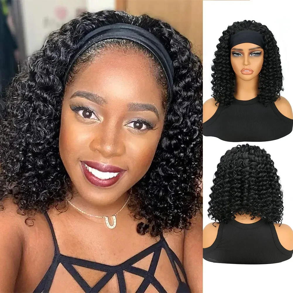 Curly Headband Wigs Synthetic Short Deep Wave Headband Wig Deep Curly Headband Wig Natural Black for Women