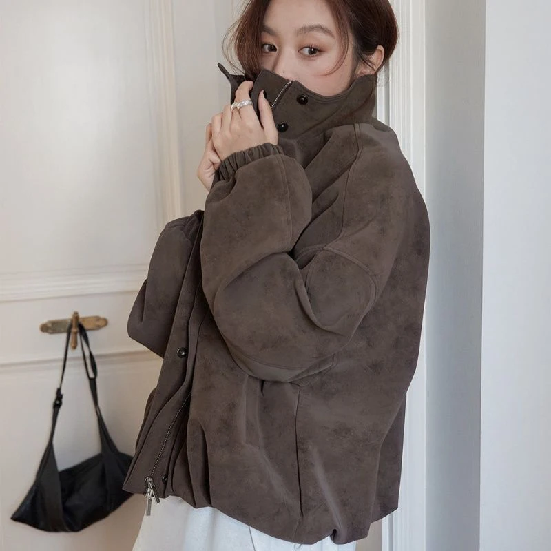 Retro Matte Suede Women Jacket Stand Collar Zip Up Oversized Coat Drop Shoulder Pockets Elastic Hem Y2K Grunge Streetwear Top