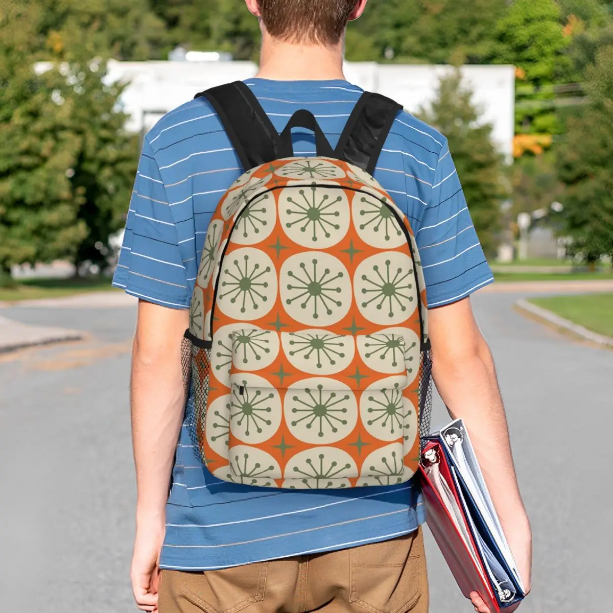 Mid Century Modern Atomic Dots And Stars Olive Green Beige Backpack Student BookBag Boys Girls School Bag Computer Shoulder Bags