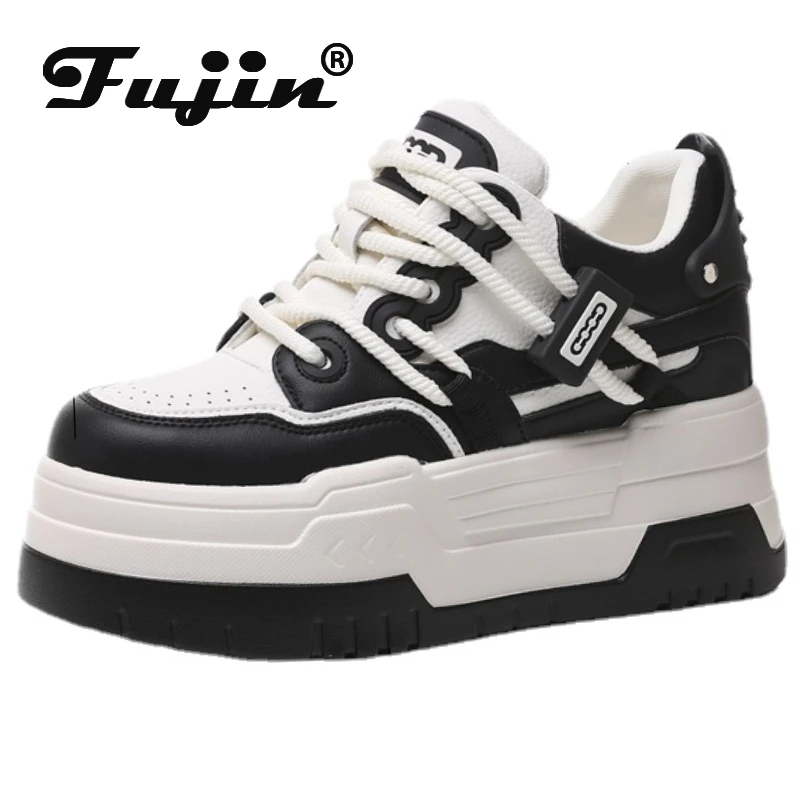 Fujin 8.5cm Cow Genuine Leather Women Ins Skate Boarding High Brand Heels Vulcanized Shoes Platform Wedge Casual Stable Shoes