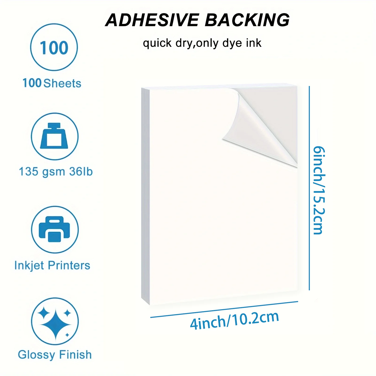 HUSPER 4R Glossy Adhesive Photo Paper 100 Sheets 135gsm 4x6 Inch 36lb Inkjet Sticker Paper for Printing
