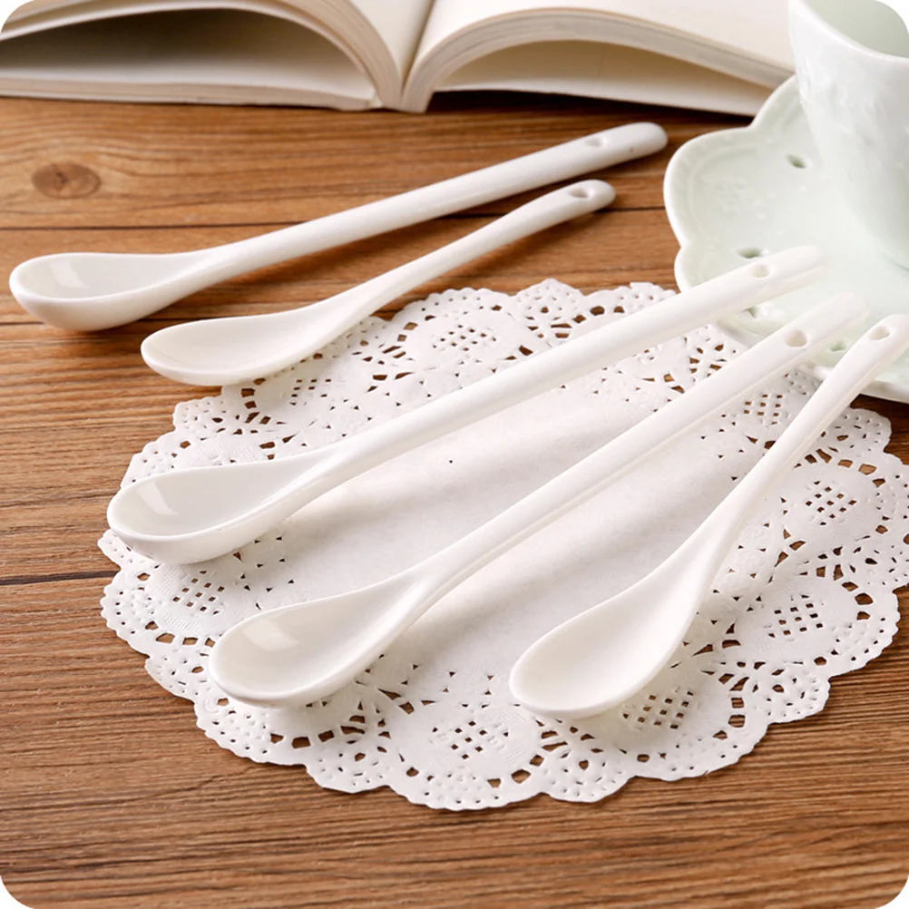 

5Pcs Small Porcelain Spoons Reusable Soup Spoons Set Long Handle Odorless Safe Comfortable for Home Restaurant Hotel Use