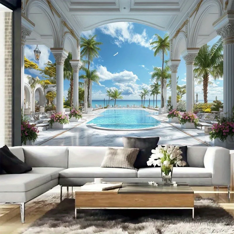 Indoor Landscape Pool and Palm Tree Landscape Wall Tapestry Living Room Bedroom Office Polyester Fiber Wall Hanging