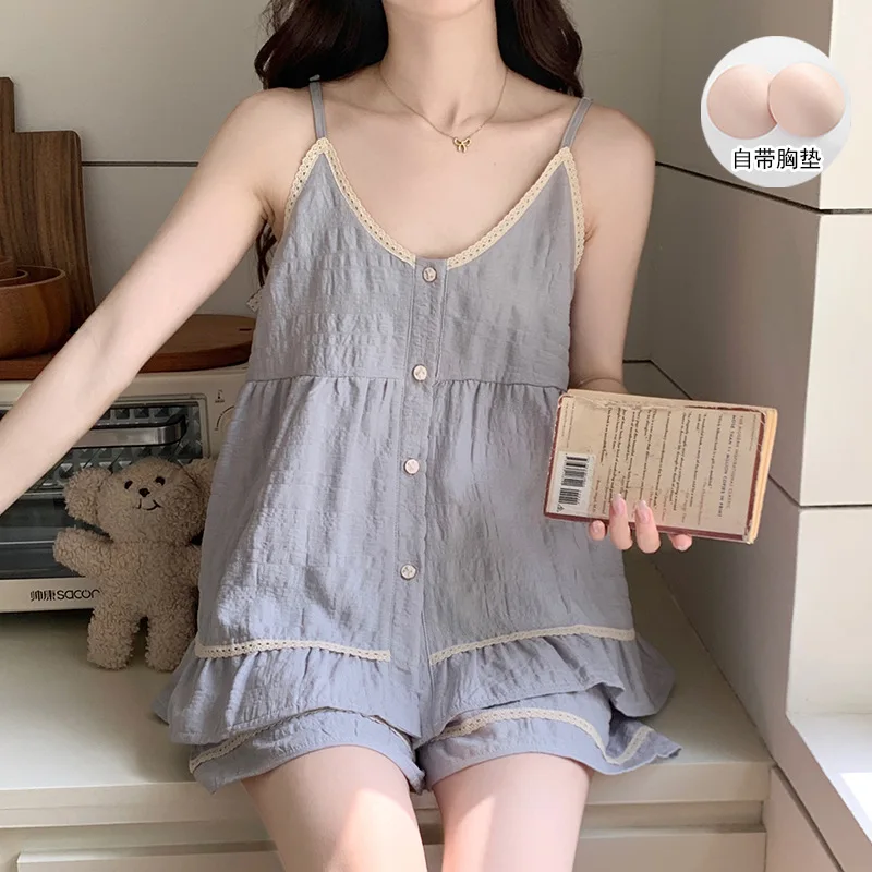 

Fashion Sleepwear Women Summer Leisure Style Strapless Short Pants Thin Home Clothes Set Chest Pad Women Sleepwear