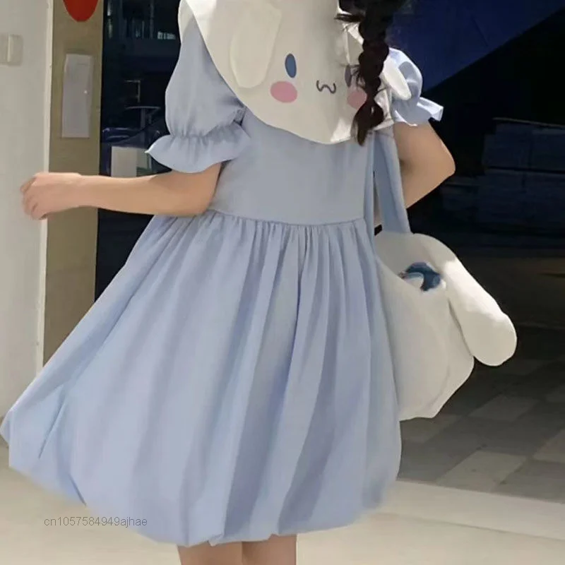 Pakaian Sanrio Gaun Trendi Musim Panas Wanita Cinnamoroll Lucu Gaun Gaya Universitas Japannese Elegan Gaun Manis Lengan Puff Y2k