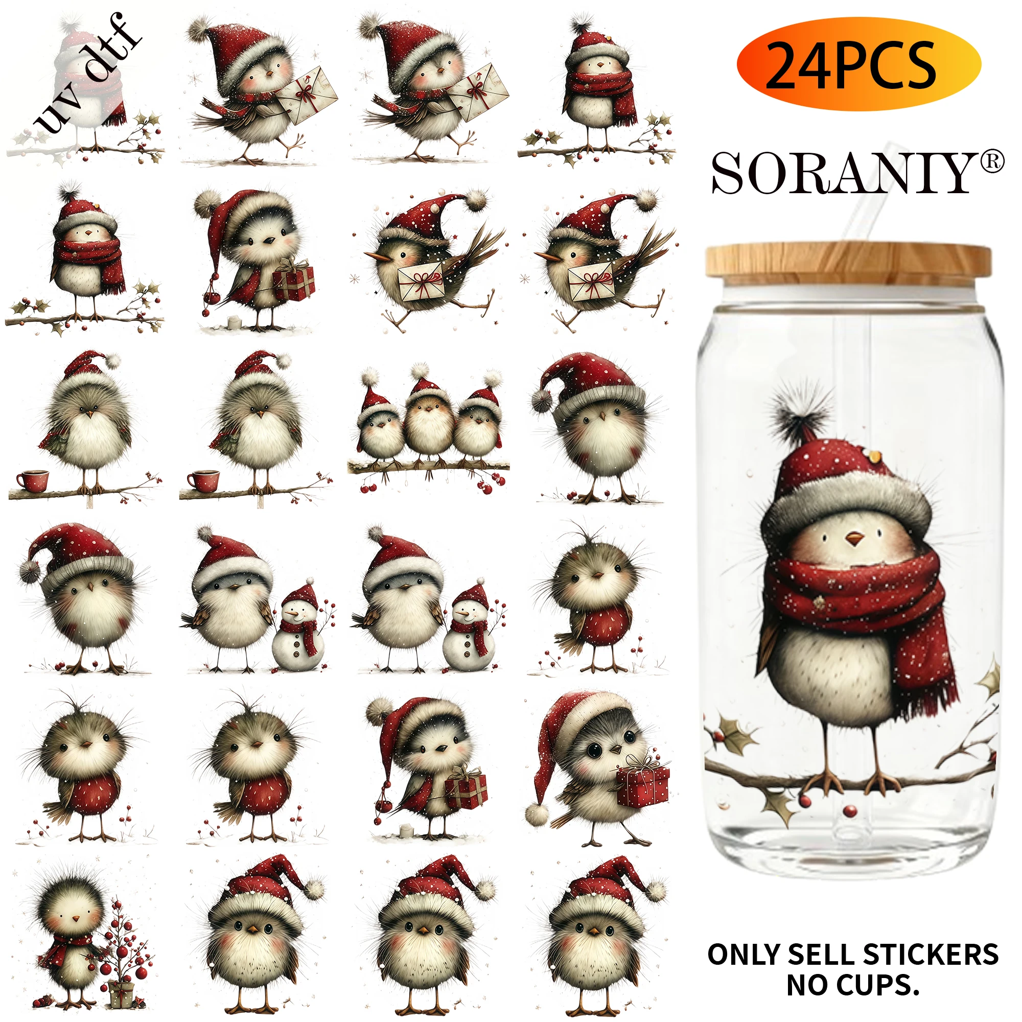 24PCS/Set Cute Santa Hat Winter Robin Bird Themed UV DTF 16OZ DIY Transfer Paper Set Golden Text Used For 16oz Water Bottles Gla