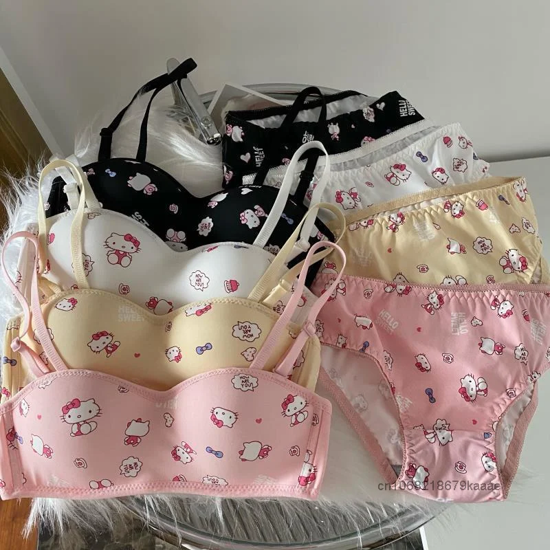 Sanrio Hello Kitty Cute Cartoon Print Underwear Set Sweet Soft Y2k Girlish Style Kawaii Bra Suit Fashion Harajuku Lingerie Panty